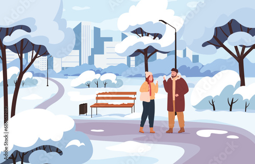 People drinking a warm drink in a winter snowy park. Men and women in warm, comfortable winter jackets. Vector illustration