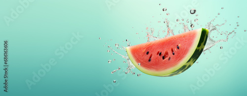 Closeup of watermelon slice flying in the air, levitation, on flat green background with copy space. Banner of fresh watermelon flavored product for website or presentation.