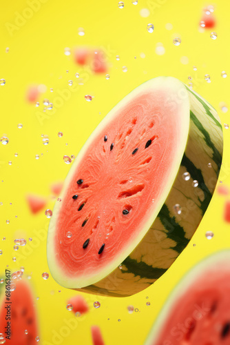 Closeup of watermelon slice flying in the air  levitation  on flat yellow background with copy space. Banner of fresh watermelon flavored product for website or presentation.