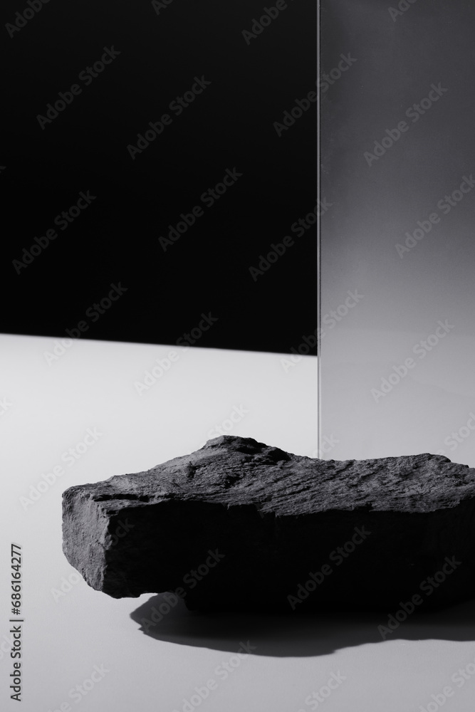 Naklejka premium Flat stone pedestal and rectangular glass, black and white template, banner background. Minimalism concept, empty podium display product, presentation scene