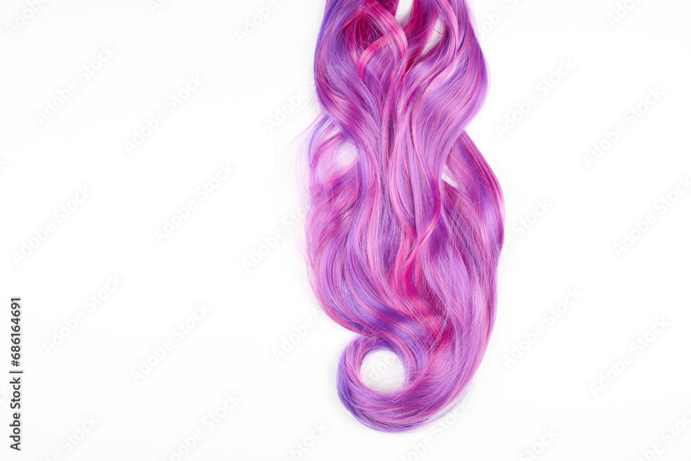 Natural looking shiny hair pink bright color, cosplay wig on a white background Natural looking shiny hair pink bright color, cosplay wig on a white background