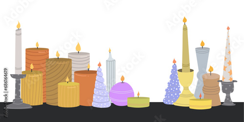 set of candles horizontally decoded in timeline design style, holidays candle designs elegant simple sober light colors  