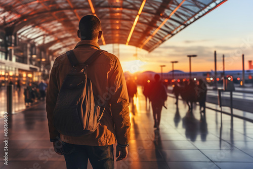 A man with a backpack walking towards an airport at sunset. Backside view.