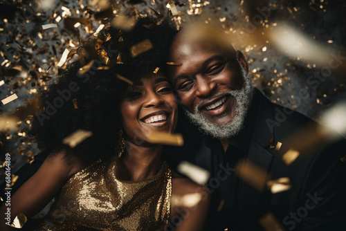 Excited couple celebrating new year making christmas selfies in glitter confetti Generative AI portrait