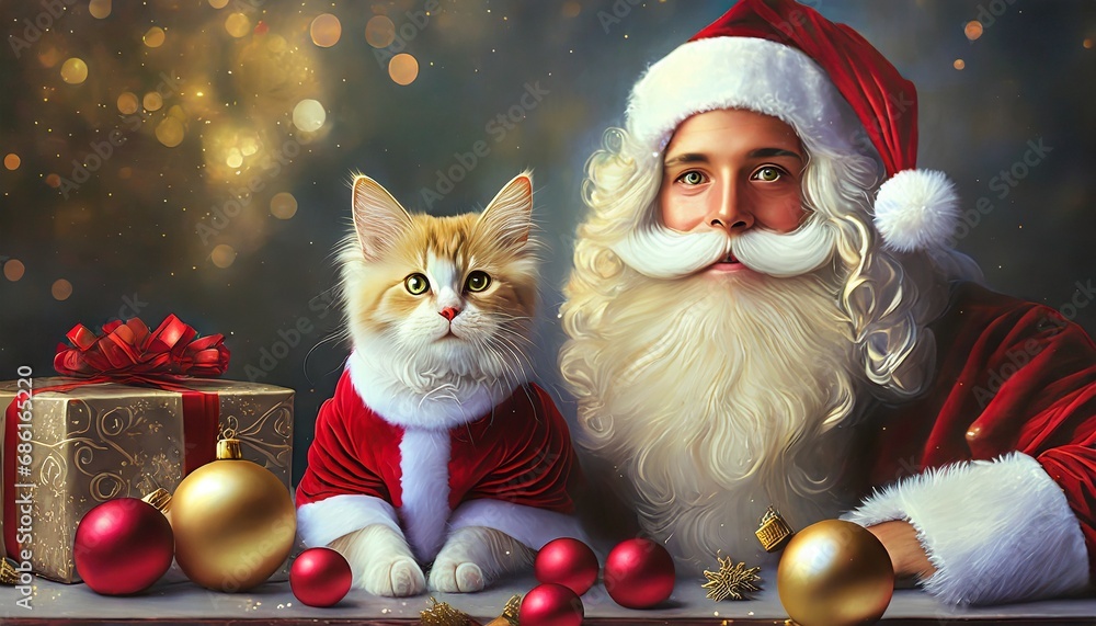 Święty Mikołaj ze swoim kotem. Zabawna kartka, ilustracja świąteczna - obrazy, fototapety, plakaty 