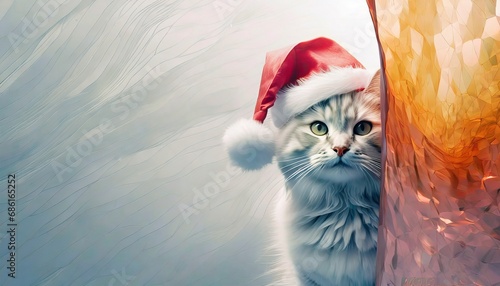Kot w czapce Świętego Mikołaja. Świąteczna kartka, tło photo