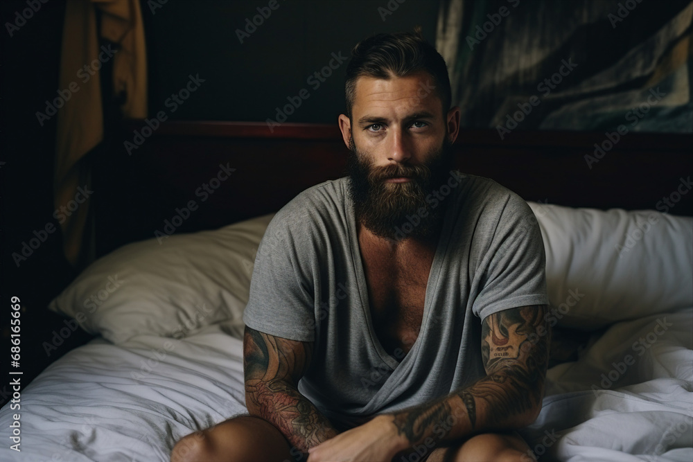 Generative AI illustration of nice handsome man after sleeping in comfort bed own apartment Generative AI illustration of nice handsome man after sleeping in comfort bed own apartment