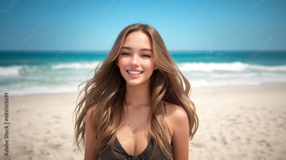 Sun-Kissed Charm: Captivating Portrait of a Young, Attractive, and Cute Blue-Eyed American Girl Smiling on the Beach Sun-Kissed Charm: Captivating Portrait of a Young, Attractive, and Cute Blue-Eyed American Girl Smiling on the Beach