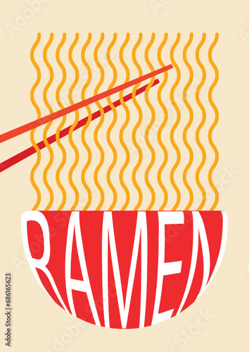 Minimalist ramen noodle japan food themed poster wall art design template. Red and yellow colored vector illustration isolated on vertical plain background. Simple flat cartoon art styled drawing.