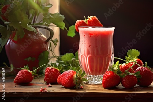 Strawberry smoothie in a glass on a wooden background. Ai generative