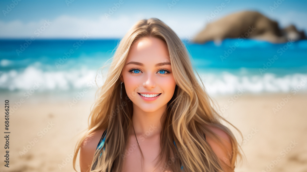 American Beauty: Captivating Blue Eyes Sparkle on a Pristine Beach