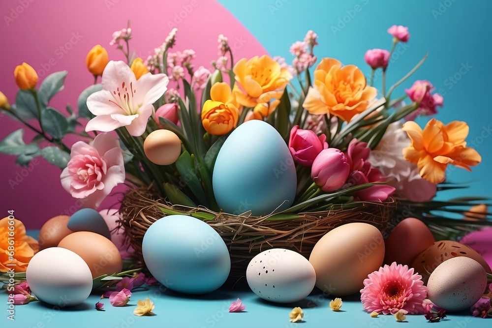 Realistic Easter greeting card, banner with flowers, Easter eggs and and flowers with copy space. Realistic Easter greeting card, banner with flowers, Easter eggs and and flowers with copy space.