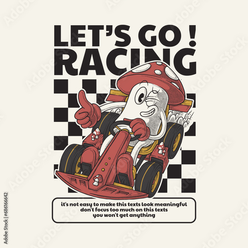 retro cartoon emblem of mushroom riding go-kart 
