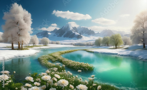 Spring winter and snow landscape with green glass and flowers.