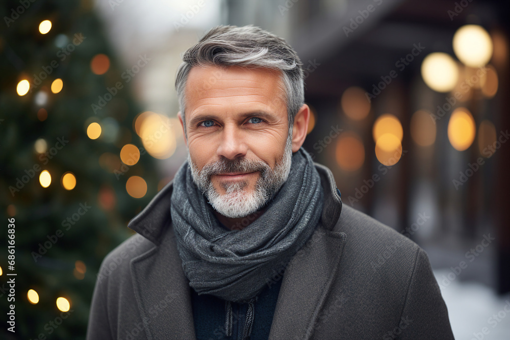 Generative AI portrait of attractive bearded man standing over new year decorations snowy city winter fair Generative AI portrait of attractive bearded man standing over new year decorations snowy city winter fair