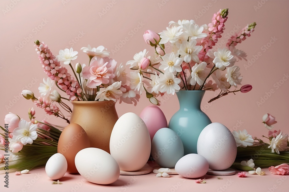 Realistic Easter greeting card, banner with flowers, Easter eggs and and flowers with copy space. Realistic Easter greeting card, banner with flowers, Easter eggs and and flowers with copy space.