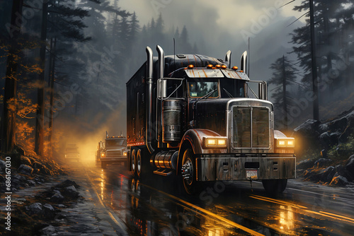 A semi truck driving down a wet road in fog with truck headlights shining.