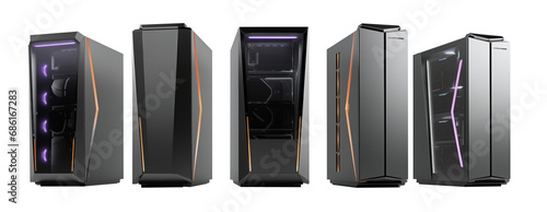 set of modern computer cases - cabinet - Gamer PC - Server - Mid Tower PC Case - Transparent PNG - Premium pen tool cutout photo
