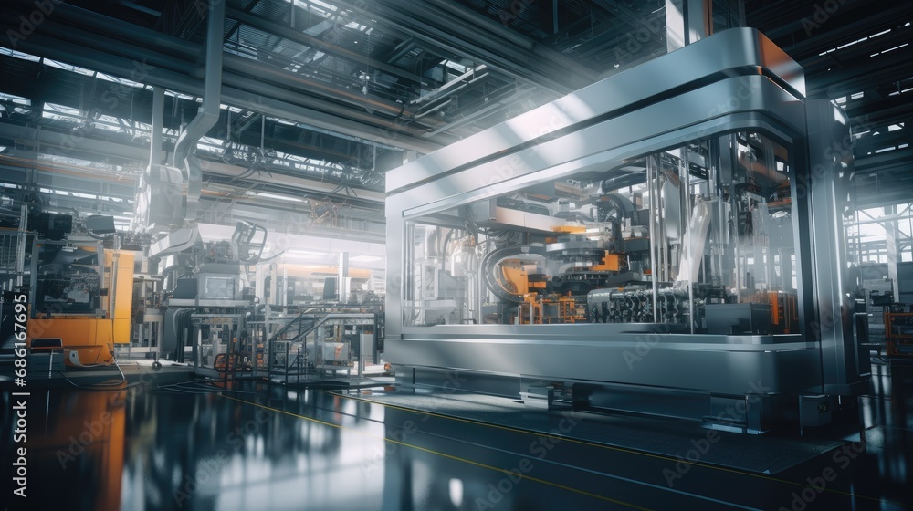 A modern factory with CNC milling machines. A bright ultra clean ...