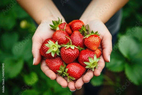 Ripe strawberries in woman hands on the green garden background