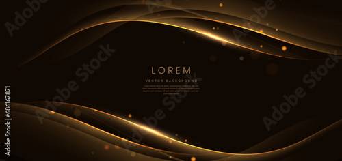 Abstract elegant golden wave on black background with lighting effect and sparkle with copy space for text. Luxury design style.