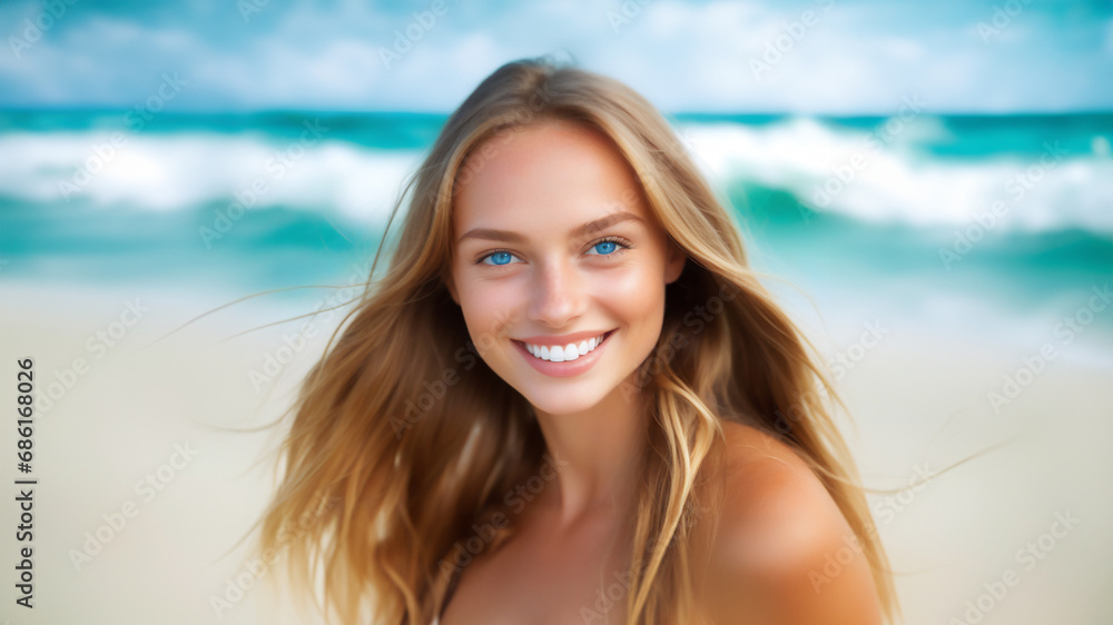 Beach Babe Bliss: Happiness and Beauty Radiate from a Blue-Eyed American Girl