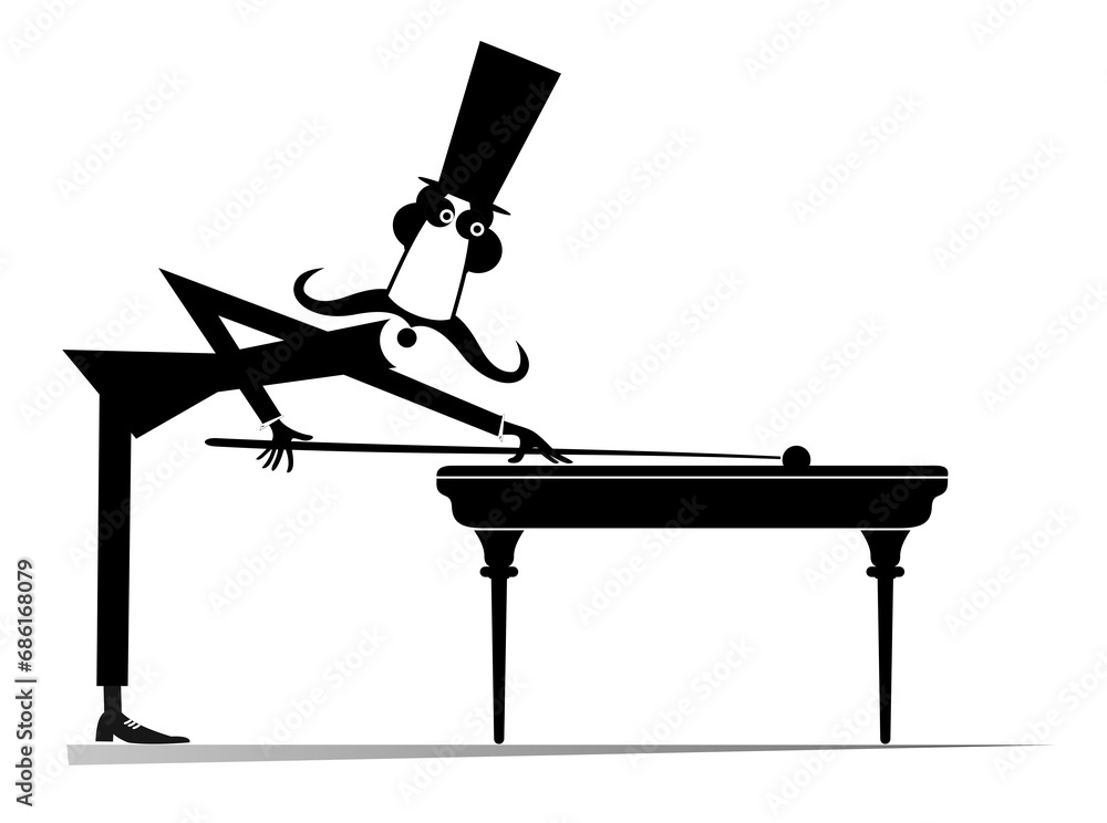 Man in the top hat playing billiards at club. Cute long mustache man in