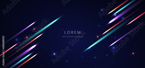 Abstract futuristic glowing neon blue and purple light ray with speed motion moving on dark blue background.