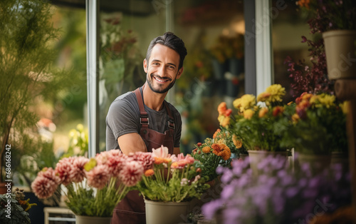Confident male florist standing outside flower shop and smiling