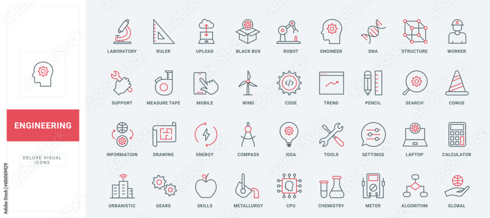 Engineering thin black and red line icons set vector illustration ...