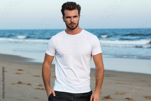 White blank t shirt mock up. Men beach background © dashtik