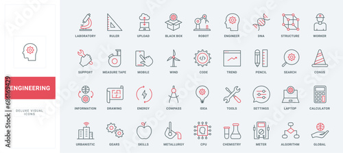 Engineering thin black and red line icons set vector illustration. Outline symbols of engineers tools, global algorithm and settings, support of search, upload and exchange information and ideas photo