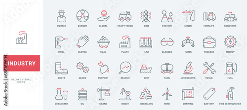 Industry, labor inspection thin black and red line icons set vector illustration. Outline symbols of worker safety equipment and tools from maintenance toolbox, truck, tank and ship delivery