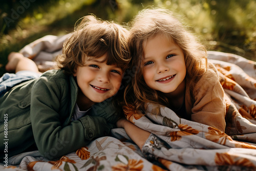 Generative ai portrait of adorable beautiful child enjoying natural beauty walk in forest photo