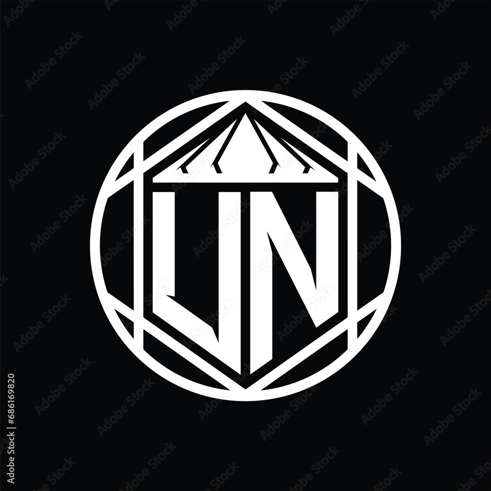 UN Letter Logo monogram hexagon slice crown sharp shield shape isolated circle abstract style design UN Letter Logo monogram hexagon slice crown sharp shield shape isolated circle abstract style design