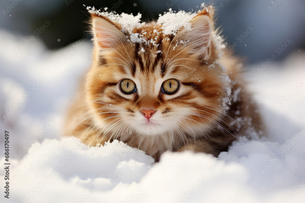 Fluffy human friends small cats playing in the snow outdoors Generative AI cute picture