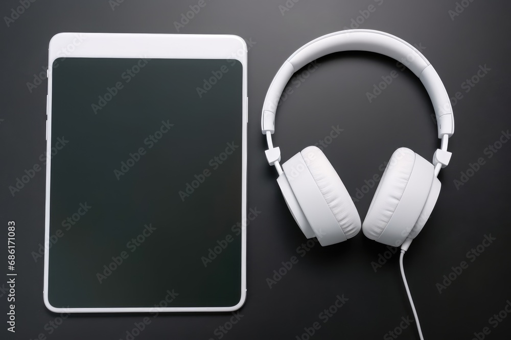Smartphone with blank screen and headphones. Smartphone display mock up and head phones for listening music Smartphone with blank screen and headphones. Smartphone display mock up and head phones for listening music