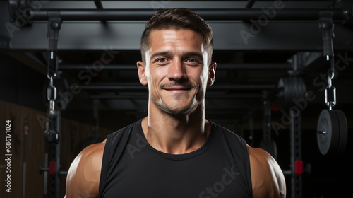 Happy muscular young man in the gym. Portrait of guy in gym lifting weights. Gymnastics teacher. Healthy man doing exercises.