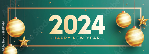 2024 Happy New Year Header or Banner Design Decorated with Hanging Shiny Golden Baubles and Stars.