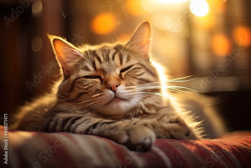 An adorable kitten with orange fur rests peacefully in a cozy and cute home environment.