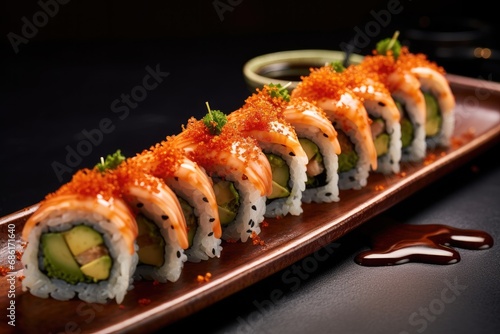 A fresh Japanese sushi plate with salmon, tuna and avocado showing exquisite flavor and presentation.