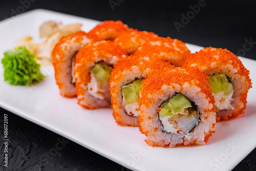 Macro shot of california maki sushi rolls with rice