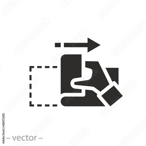 peel off duct tape icon, hand with sticker open, pull by hand to opened up, flat symbol on white background -  vector illustration