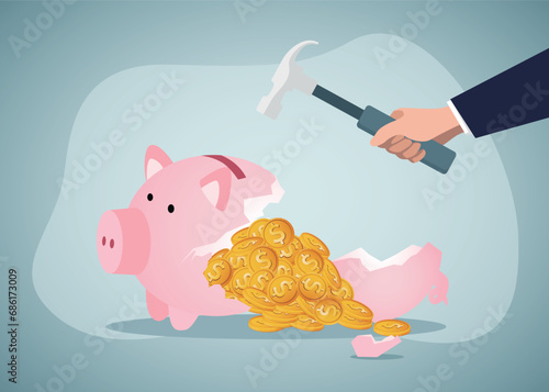 Inflation causing money value decreased or recession make stock market crash, pension fund losing value or business bankruptcy concept, Breaking the piggy bank.