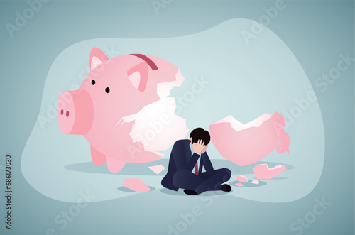 Inflation causing money value decreased or recession make stock market crash, pension fund losing value or business bankruptcy concept, Breaking the piggy bank.