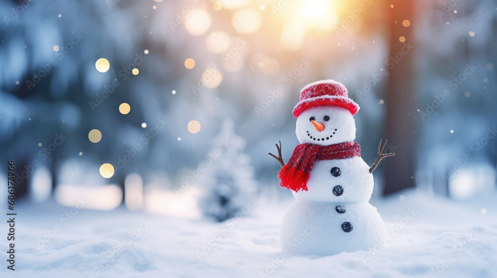 Christmas decoration with a cute cheerful snowman in the snow in a winter park with beautiful bokeh