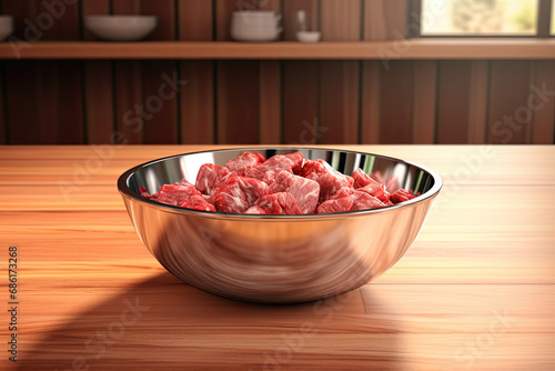 rounded stainless bowl with cube raw meat on wooden table