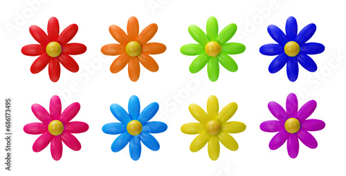 Set of 3D render daisy. Vector illustration of summer flower. Realistic fresh blossom in diversity rainbow colors. Fresh chamomile right side in clay style. Botany decoration element for bouquet.