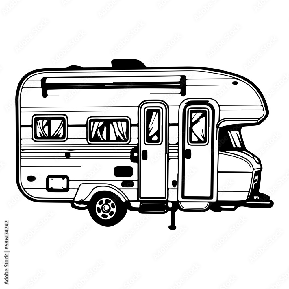 Camp trailer, Camper RV Motorhome Logo Monochrome, Generative AI.