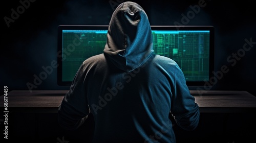 Computer hacker in hoodie. Obscured dark face